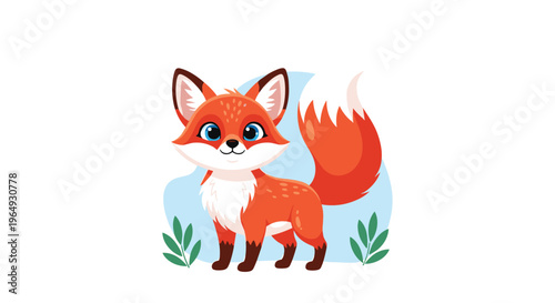Adorable little red fox with large blue eyes sitting peacefully among green leaves in a soft and charming nursery style illustration.