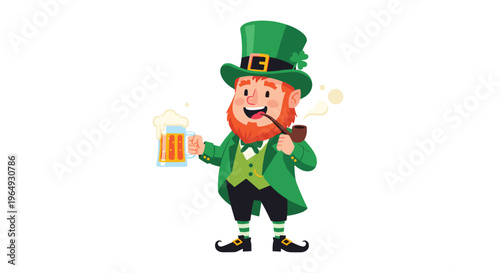 Classic leprechaun character wearing a green suit and hat holding a mug of beer and smoking a wooden pipe for Saint Patricks Day.