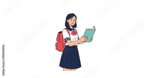 Dedicated schoolgirl in a blue skirt and white shirt reading a book while wearing a red backpack against a plain white background.