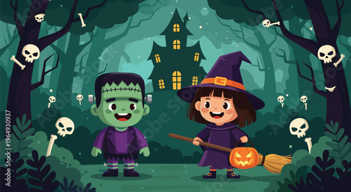 Small Frankenstein boy and a little witch girl holding a pumpkin in a spooky dark forest with a haunted house in the distance.