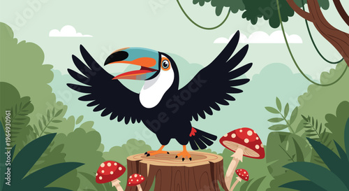 Colorful toucan bird with a large beak perched on a mossy tree stump surrounded by red mushrooms in a tropical forest backdrop.