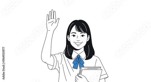 Line art illustration of a smiling schoolgirl raising her hand to answer a question while holding a textbook in a classroom setting.