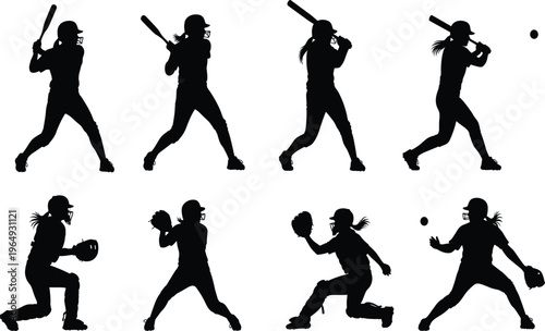 Set of eight female baseball and softball player silhouettes featuring batters hitting, catchers fielding, and pitchers throwing, isolated on white background