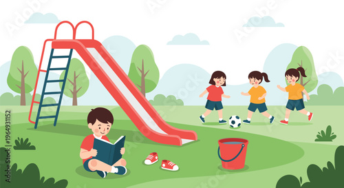 Group of children playing at a local park with one boy reading a book and girls playing soccer near a red slide on a sunny day.