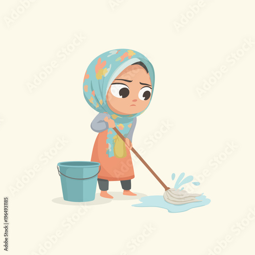 Young girl in hijab mopping the floor.
