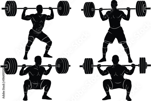 Set of four muscular bodybuilder silhouettes performing heavy barbell squats, male athlete weightlifting exercises for gym and fitness training, vector