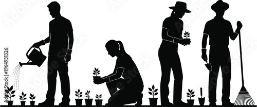 Set of gardener silhouettes featuring people planting, watering plants, and using tools for gardening, agriculture, and outdoor hobby design concepts.