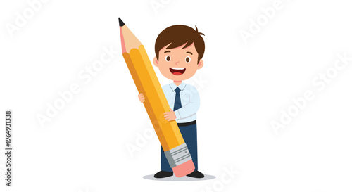 Happy schoolboy in uniform smiling and holding a giant yellow pencil representing creativity and education for children.