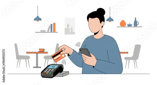 A woman making a contactless payment with her phone and credit card in a modern café