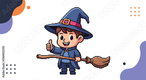 Pixel art illustration of a young boy wizard in a blue cloak and hat riding a magic broomstick with a thumbs up gesture.