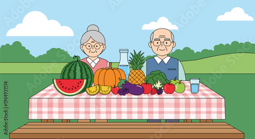 Senior man and woman sitting behind a picnic table filled with a variety of fresh colorful fruits and healthy vegetables.