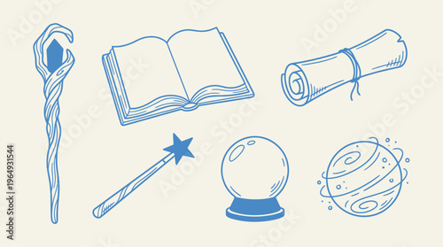 Collection of magical fantasy elements including a crystal staff, open book, and divination sphere