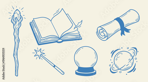 Collection of vintage magic and fantasy elements including a crystal staff, open spellbook, and wand.