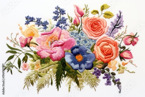 Bouquet in embroidery style pattern flower plant.