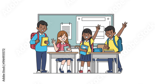 Group of diverse school children smiling and holding books in a classroom setting with a blackboard and desks.