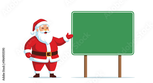 Cheerful santa claus in a red suit standing next to a large blank green billboard for christmas holiday messages.