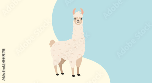 Fluffy white llama with long neck and ears standing against a soft blue and cream wavy background illustration.