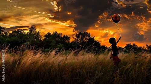 A child holding a balloon walking through a field