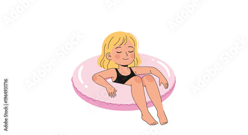 Young blonde girl wearing a black swimsuit and relaxing peacefully in a pink inflatable inner tube on the water.