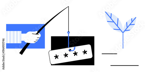 Cybersecurity, identity theft, online scams, password protection, phishing prevention, green tech concepts. Hand holding a fishing rod with password on hook, blue leaf symbol. Cybersecurity