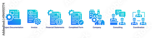 Documentation Flow web banner icon vector illustration with icons of Project Documentation,Invoice,Financial Statements,Completed Form,Company,Consulting and Coordination