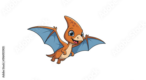 Cute cartoon illustration of a baby pterodactyl dinosaur flying with wings spread wide on a white background.