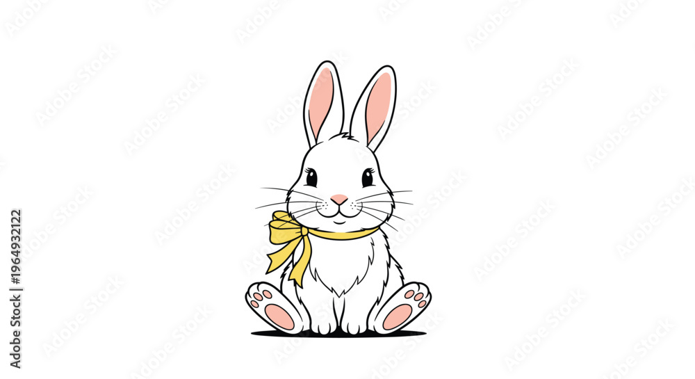 Fototapeta premium Cute white rabbit with a yellow bow around its neck sitting and smiling in a simple vector illustration style.