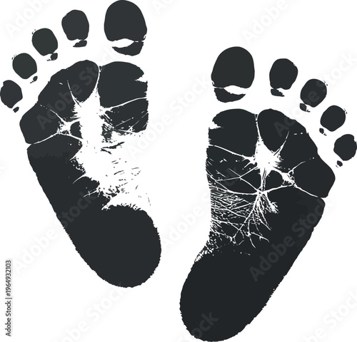 Two detailed footprints in black ink are captured on a stark white background. The texture of the skin and the individual toes are clearly visible, creating a poignant and personal image.