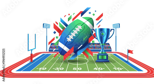 American Football Championship Trophy and Field with Stadium Lights