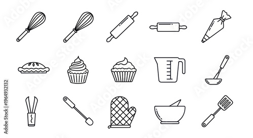 Baking Tools and Pastry Icons Set: Whisk, Rolling Pin, Cupcake, Pie, Piping Bag