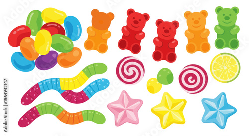 Colorful Assortment of Gummy Candies and Sweets on White Background