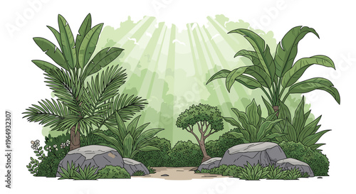 Peaceful jungle landscape with green tropical plants stones and sunlight rays shining through the forest canopy.