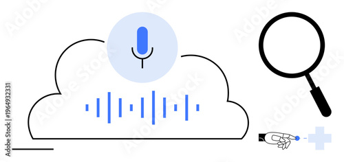 Voice recognition concept. Voice-to-cloud technology, voice search and sound analysis integrated with data functionality. Voice recognition for AI, machine learning, cloud tools, apps, tech concepts