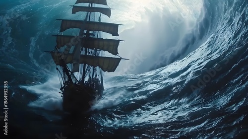 A ship sailing through a storm its silhouette dark