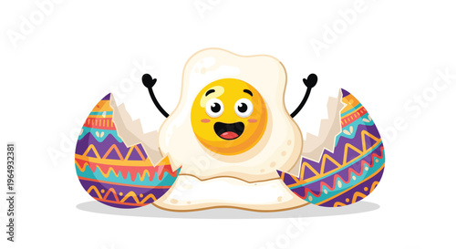 Happy cartoon fried egg character breaking out of a colorful patterned easter egg shell with arms raised high.