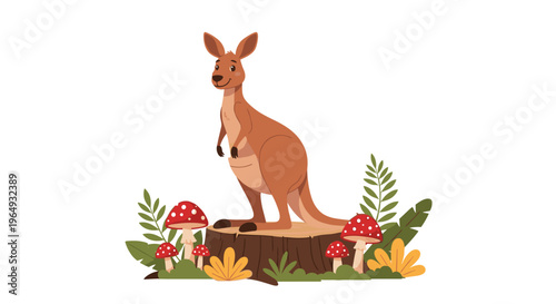 Brown kangaroo standing on a tree stump in a lush forest clearing surrounded by red mushrooms and green ferns.