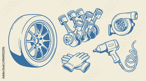 This collection features essential automotive components and garage tools, perfect for car enthusiasts and mechanics.