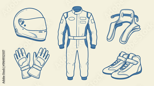 Complete set of professional racing gear, including helmet, suit, gloves, and shoes, for motorsport enthusiasts.