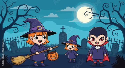 Group of kids dressed as a witch and a vampire trick or treating in a spooky graveyard under a full moon at night for Halloween fun.