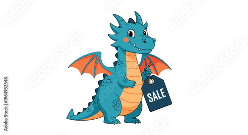 Friendly blue cartoon dragon character holding a large blue tag with the word sale written on it against a plain white background.