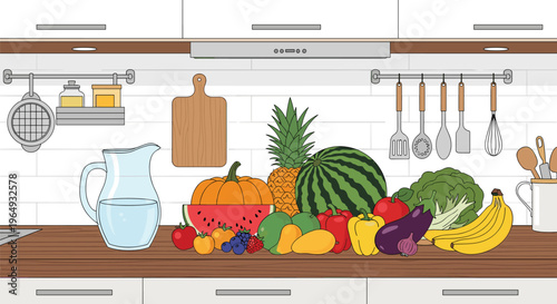 Modern kitchen counter featuring a large variety of fresh fruits and vegetables like watermelon, pumpkin, pineapple, and bananas.