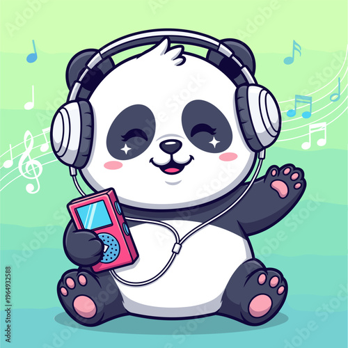 Cute panda listening to music on headphones with mp3 player vector illustration