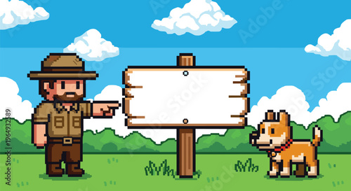 Pixel art illustration of a forest ranger pointing at a blank wooden sign next to a cute dog in a green field under a blue sky.