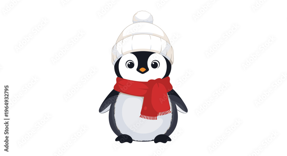 Fototapeta premium Adorable cartoon penguin wearing a cozy white knitted winter hat and a warm red scarf against a white background for winter.