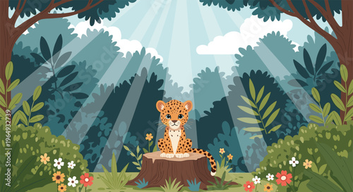 Adorable spotted leopard cub sitting on a tree stump in a lush forest with sunbeams streaming through the dense green canopy.