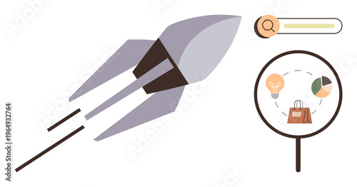 Business growth, startup innovation, marketing strategy, search optimization, entrepreneurship, data analytics. Rocket launch symbol with magnifying glass and icons. Business growth and startup