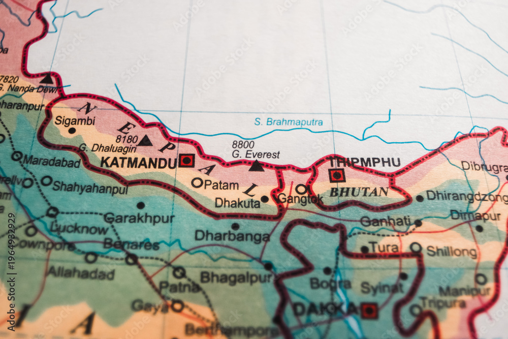 Obraz premium Map of Nepal and Bhutan with Major Cities