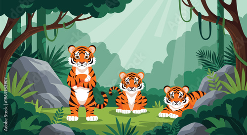 Group of three magnificent tigers in a tropical forest with green palms, ferns, and rocks under soft sunlight through trees.
