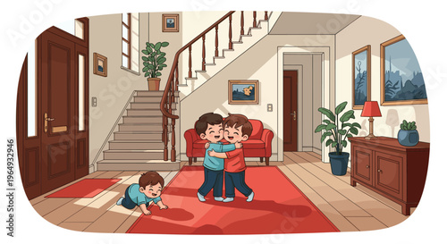 Warm family scene with two brothers hugging in the living room while a toddler crawls on the carpet near the stairs.