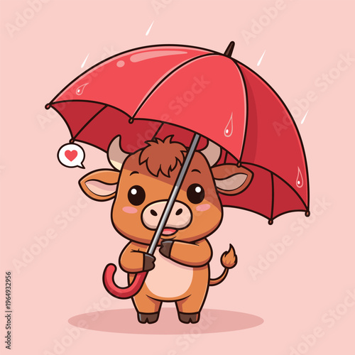 Cute brown bull standing under red umbrella on rainy day vector illustration